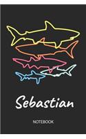 Sebastian - Notebook: Blank Lined Personalized & Customized Name 80s Neon Retro Shark Notebook Journal for Men & Boys. Funny Sharks Desk Accessories Item for 1st Grade / 
