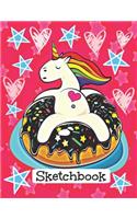 Sketchbook: Cute Unicorn Sketchbook with Hearts and Stars on a Chocolate Doughnut for Kids with Blank Framed Sketch Pages for Drawing and Doodling