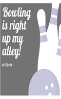 Bowling is right up my alley Notebook: Grey skittles bowling slogan lined paperback jotter