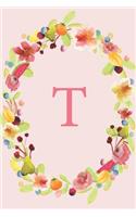 T: Soft Floral Wreath Monogram Sketchbook - 110 Sketchbook Pages (6 x 9) - Floral Watercolor Monogram Sketch Notebook - Personalized Initial Letter Jou