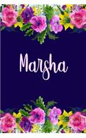 Marsha: Personalized Name Pink Floral Design Matte Soft Cover Notebook Journal to Write In. 120 Blank Lined Pages