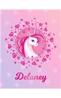 Delaney: Unicorn Large Blank Primary Handwriting Learn to Write Practice Paper for Girls - Pink Purple Magical Horse Personalized Letter D Initial Custom Fir