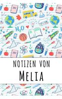 Notizen von Melia: Liniertes Notizbuch für deinen personalisierten Vornamen