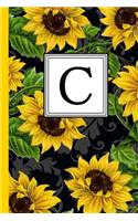 C: Floral Letter C Monogram Personalized Journal, Black & Yellow Sunflower Pattern Monogrammed Notebook, Lined 6x9 Inch College Ruled 120 Page Perfect 