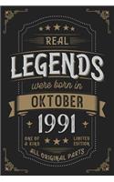 Real Legends were born in Oktober 1991: Vintage Birthday Notebook - Great Individual Gift for Writing Notes, Scribble and Reminders lined 6x9 Inch 100 Pages