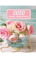 2020 Weekly & Monthly Planner: Aqua Wood Pink Roses in Bowl with Pearls Dated Weekly Planner Time Management Increase Productivity Weekly Agenda 8.5 x 11 Organizer & Diary Calenda