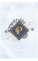 P: Marble, blue and golden initial monogram bullet journal. Chic blue marble and gold letter journal for diaries and notes or scrapbooking.