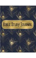 Bible Study Journal: 8.5 x 11 Navy Bly & Gold Feather Pattern Daily Scripture Notebook with Prompt Questions