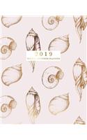 2019 Weekly Splendid Planner: Blush Pink & Gold Seashells Weekly Dated Agenda Diary Book, 12 Months, January - December 2019