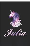 Julia: First Name Personalized Unicorn Customized Names Gift Birthday Girl Notebook Journal