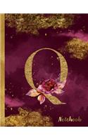 Q Notebook: 8.5 x 11 Pretty Gold Foil Floral Design Letter "Q" Monogram Initial Book for Women and Girls: Wide Ruled Notebook For All Your Home, School And Busi