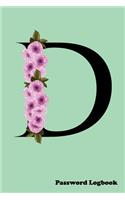 D Password Logbook: Large Print Password Book, Cute green cover with name letter monogram cherry blossom, 6" x 9" 6x9 password organizer, glossy cover, 110 pages, handy