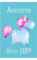 Awesome Since 2009: Cute Unicorn Birthday Journal, Notebook and Sketchbook: Pale Turquoise Unicorn Design