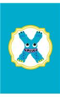 Monster Monogram Journal - Letter X: Hands Raised Teal Monster in Shape of a Letter X on Multi Color Background