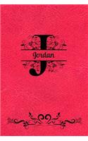 Split Letter Personalized Journal - Jordan: Elegant Flourish Capital Letter on Red Leather Look Background