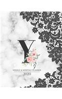 Weekly & Monthly Planner 2020 Y: Black Lace Marble Monogram Letter Y with Pink Flowers (7.5 x 9.25 in) Vertical at a glance Personalized Planner for Women Moms Girls and School
