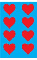 100 Page Unlined Notebook - Red Hearts on Cyan