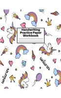 Handwriting Practice Paper Workbook: Cute Unicorn Matte Cover Large 8.5 x 11 Blank Lined Sheets Journal Notebook for Writing Improvement Exercises - Perfect for Preschool, Kindergarten,