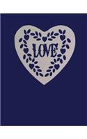 Love: Manuscript Paper Notebook. Soft cover with Blue background and cream love heart, 110 pages, 12 stave 8.5x11