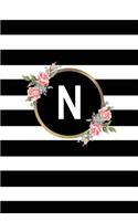 N: Letter N Monogram Personalized Journal, Floral Black & White Stripe Monogrammed Notebook, Blank Lined 6x9 Inch College Ruled 120 Page Perfect Bound 