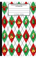 Wide Ruled Composition Notebook 6" x 9". 120 Pages.: Book Cover With Beautiful Christmas Decorations Argyle Green Background Pattern. Perfect gift for Christmas holidays.