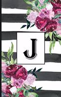 J: Pretty Monogrammed Initial Letter "J" Blank Lined Journal - Black & White Stripes with Floral Design