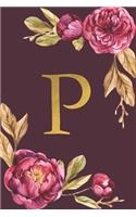 P: Personalized Initial Monogram Blank Lined Notebook Journal Printed Peony flowers, for Women and Girls 6x9 inch. Christmas gift, birthday gift idea