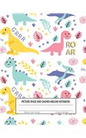 Picture Space And Dashed Midline Notebook: 100 Story Paper Pages For Grades K-2 School ... Dinosaur cover