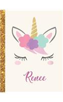 Renee: Renee Unicorn Personalized Black Paper SketchBook for Girls and Kids to Drawing and Sketching Doodle Taking Note Marble Size 8.5 x 11