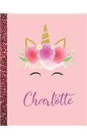 Charlotte: Charlotte Marble Size Unicorn SketchBook Personalized White Paper for Girls and Kids to Drawing and Sketching Doodle Taking Note Size 8.5 x 11