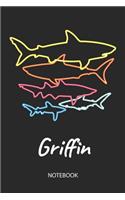 Griffin - Notebook: Blank Lined Personalized & Customized Name 80s Neon Retro Shark Notebook Journal for Men & Boys. Funny Sharks Desk Accessories Item for 1st Grade / 