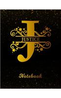 Justice Notebook: Letter J Personalized First Name Personal Writing Notepad Journal Black Gold Glittery Pattern Effect Cover Wide Ruled Lined Paper for Journalists & 