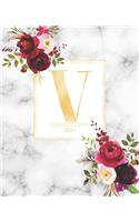 Weekly & Monthly Planner 2020 V: Burgundy Marsala Flowers Gold Monogram Letter V (7.5 x 9.25 in) Vertical at a glance Personalized Planner for Women Moms Girls and School