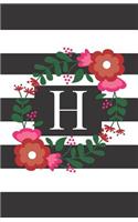 H: Personalized Monogrammed Journal (Notebook/Diary) Gift for Friend Office Teacher Black and White Stripes with Red Flowers