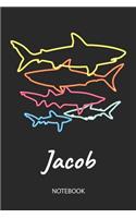 Jacob - Notebook: Blank Lined Personalized & Customized Name 80s Neon Retro Shark Notebook Journal for Men & Boys. Funny Sharks Desk Accessories Item for 1st Grade / 