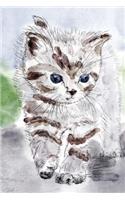 Little Brown and White Striped Kitten with Blue Eyes Watercolor Illustration Journal