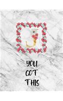 You Got This: Inspirational Unlined Marble Notebook Journal Monogram Letter J with pink flowers - 8.5 x 11 in, 120 unruled blank pages for Women teens kids and gi