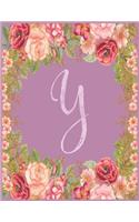 Y: Monogram Y Journal with the Initial Letter Y Notebook for Girls and Women, Pink Mauve Floral Design with Cursive Fancy Text