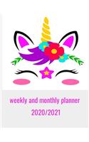 weekly and monthly planner 2020-2021: Cute Unicorn Flowers Themed Calendar Notebook and Organizer