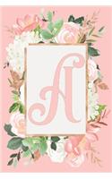 A: Monogram Initial A - Floral Personalised Rose and Hydrangea Journal 6x9, 100 lined Journal pages
