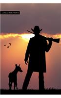 Jagd Report Punktraster Notizbuch: 6x9 Zoll (ähnlich A5 Format) Merkbuch mit Jäger Jagdgewehr und Jagdhund vor Sonnenuntergang Cover perfekte Geschenkidee für Männer Frauen