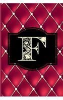 F: Monogram Journal or Diary. Captivating Ruby Red and Gold Diamond Design with a Decorative Uppercase Initial with Texture & Charm on a Vintage Black 