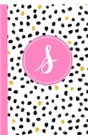 S: Confetti Polka Dot Letter S Monogram Personalized Journal, Black White & Pink Monogrammed Notebook, Lined 6x9 Inch College Ruled 120 Page Perfect Bo