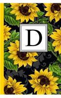 D: Floral Letter D Monogram Personalized Journal, Black & Yellow Sunflower Pattern Monogrammed Notebook, Lined 6x9 Inch College Ruled 120 Page Perfect 