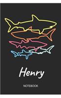 Henry - Notebook: Blank Lined Personalized & Customized Name 80s Neon Retro Shark Notebook Journal for Men & Boys. Funny Sharks Desk Accessories Item for 1st Grade / 