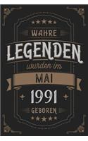 Wahre Legenden wurden im Mai 1991 geboren: Vintage Geburtstag Notizbuch - individuelles Geschenk für Notizen, Zeichnungen und Erinnerungen - liniert mit 100 Seiten