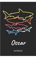 Oscar - Notebook: Blank Lined Personalized & Customized Name 80s Neon Retro Shark Notebook Journal for Men & Boys. Funny Sharks Desk Accessories Item for 1st Grade / 