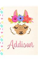 Addison: Personalized Llama Sketchbook For Girls With Pink Name - 8.5x11 110 Pages. Doodle, Draw, Sketch, Create!