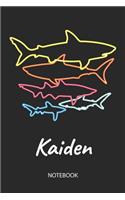 Kaiden - Notebook: Blank Lined Personalized & Customized Name 80s Neon Retro Shark Notebook Journal for Men & Boys. Funny Sharks Desk Accessories Item for 1st Grade / 