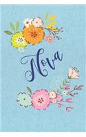 Nova: Personalized Name and Floral Design on Blue Teal Pattern, Lined Paper Note Book For Girls To Draw, Sketch & Crayon or Color (Kids Teens and Adult Jo